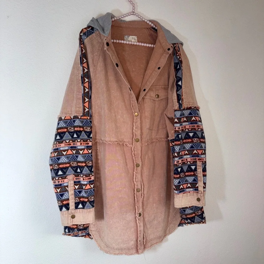 Olie & Hali  Hooded Shacket Large Peach Southwestern Distressed Boho jacket